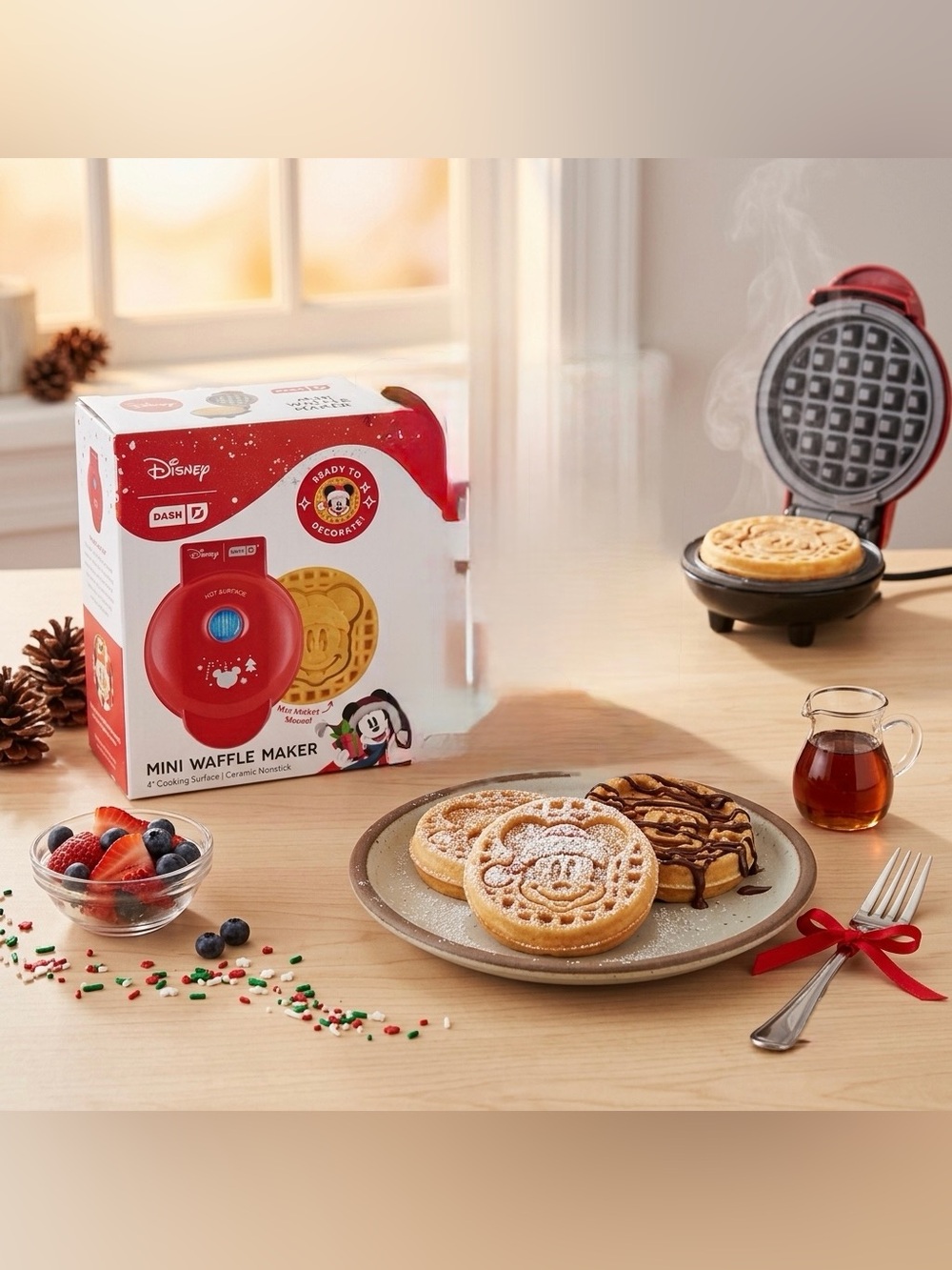 DASH Disney Mickey & Friends Mini Waffle Maker 4" Round Ceramic Nonstick Red